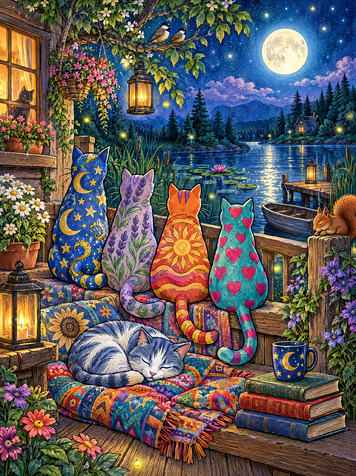 Patterned Cats Moon Watching