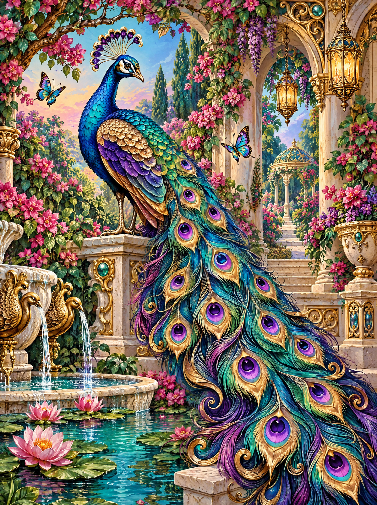 Peacock On Marble Steps