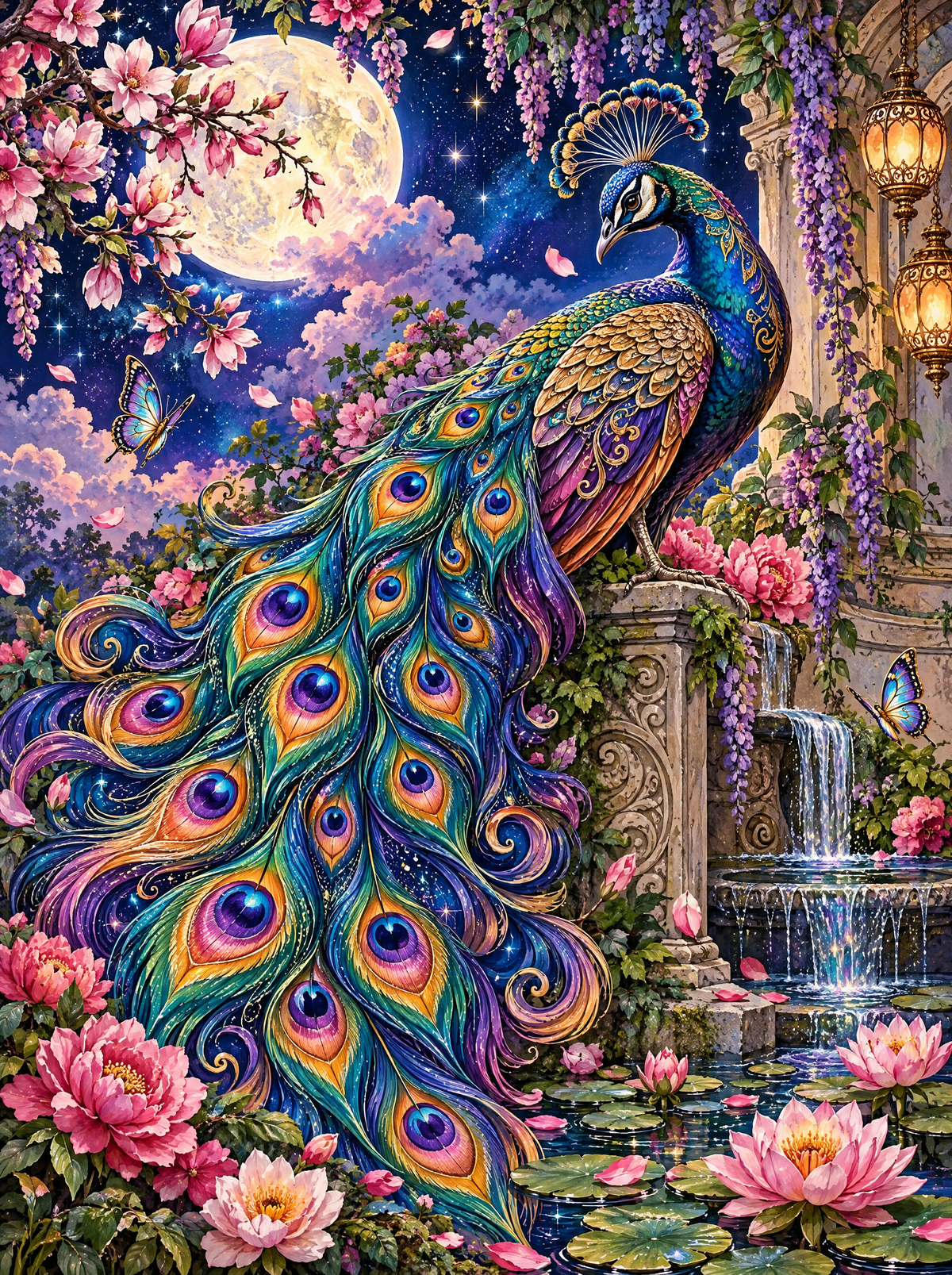 Peacock On The Moonlit Fountain