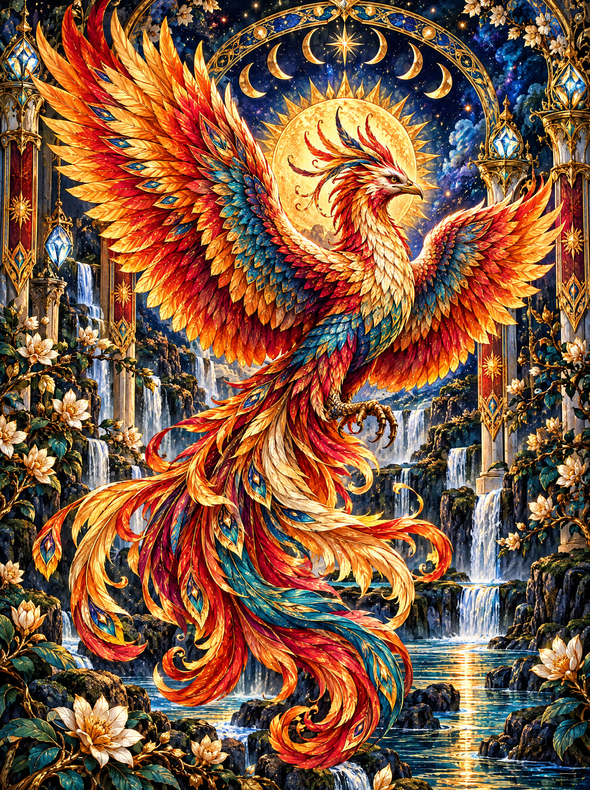 Phoenix Over Moonlit Falls