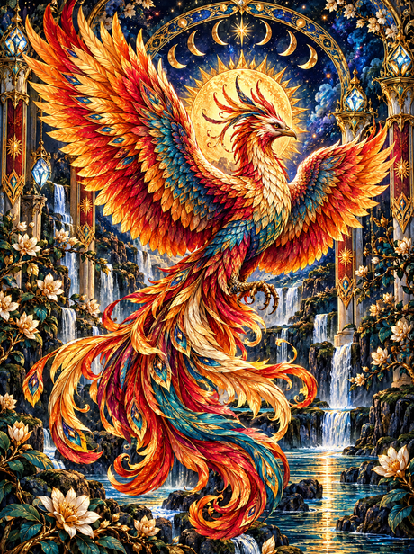 Phoenix Over Moonlit Falls (150 Color Diamond Painting)