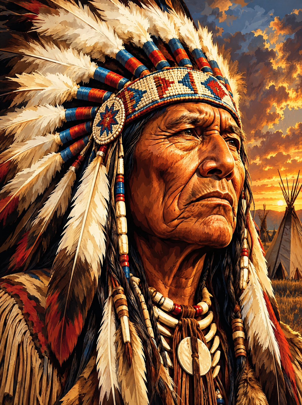 Plains Chief In Feather Headdress