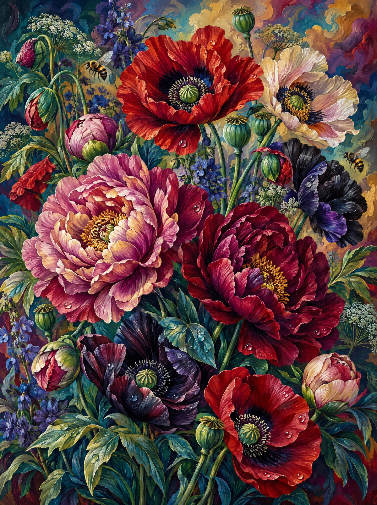 Poppies Peonies And Bees