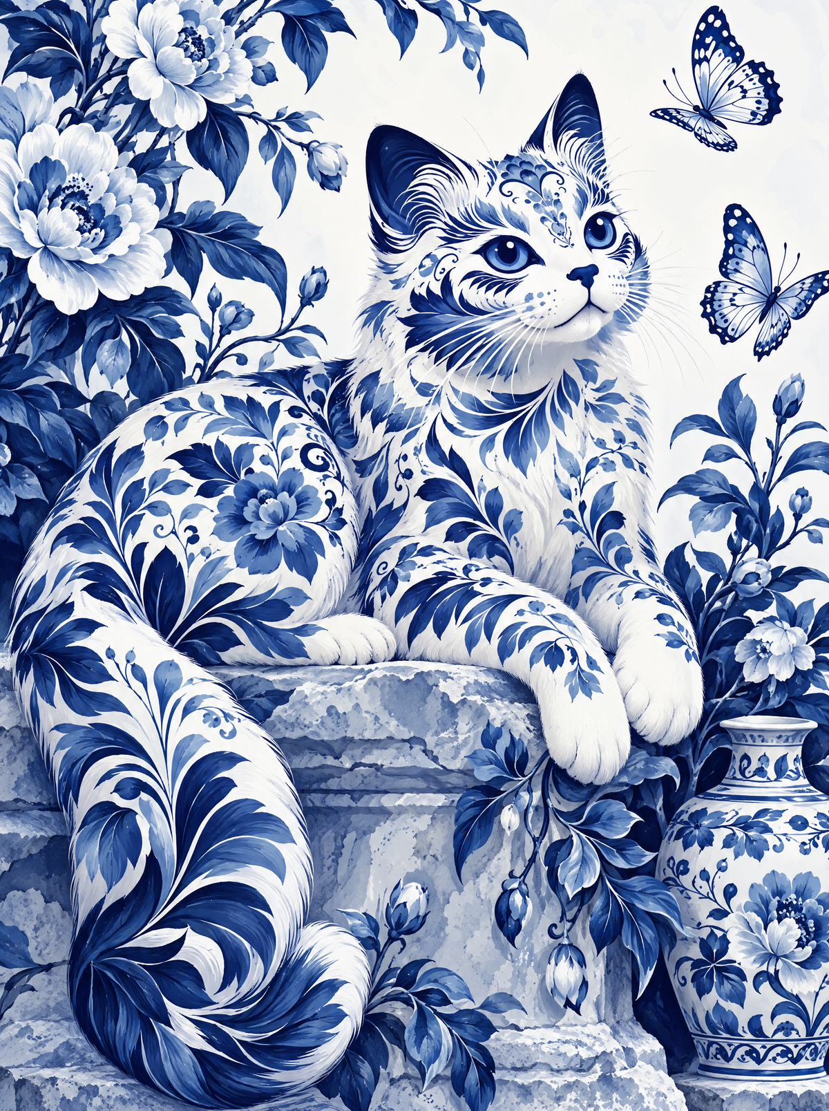 Porcelain Cat And Butterflies