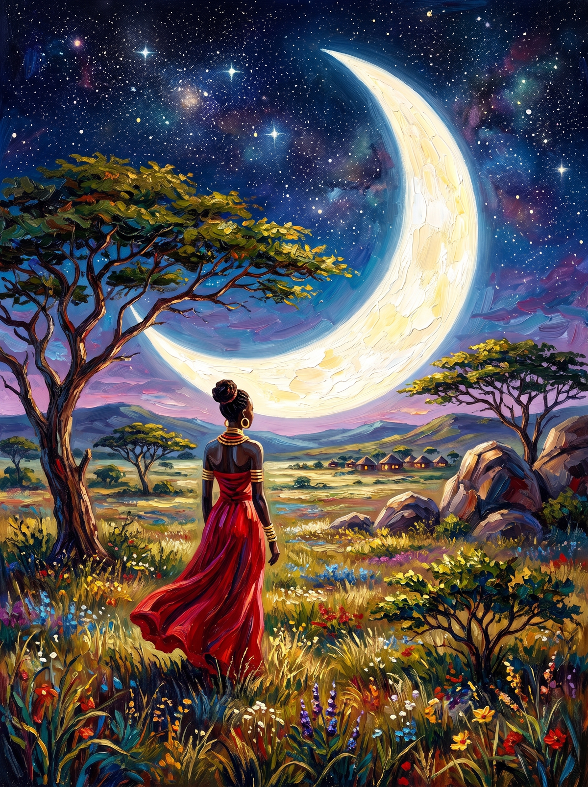 Red Dress Beneath The Crescent
