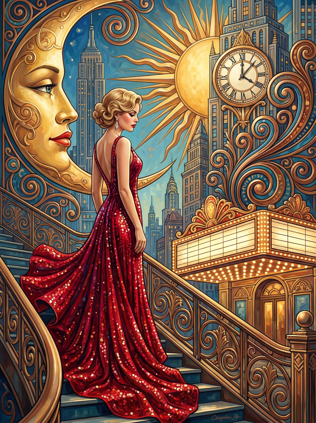 Red Gown On Deco Stairs