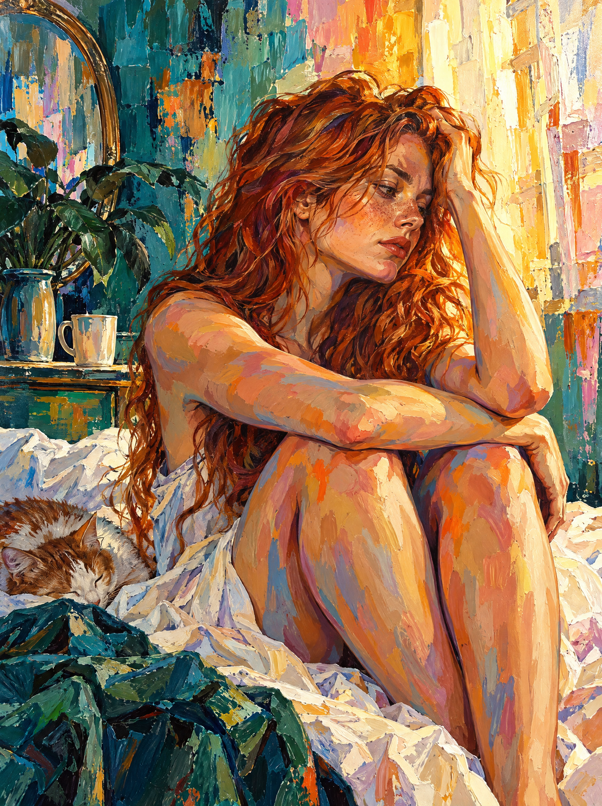Redhead And Sleeping Cat