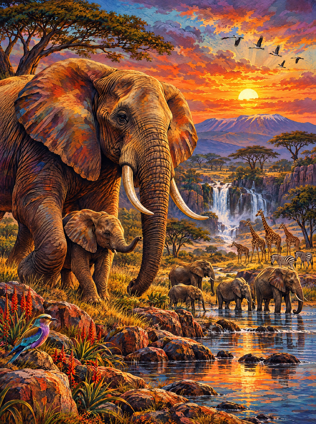 Savanna Elephants At Sunset