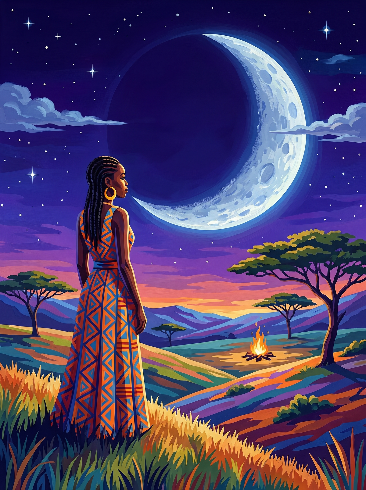 Savanna Night Under Crescent Moon