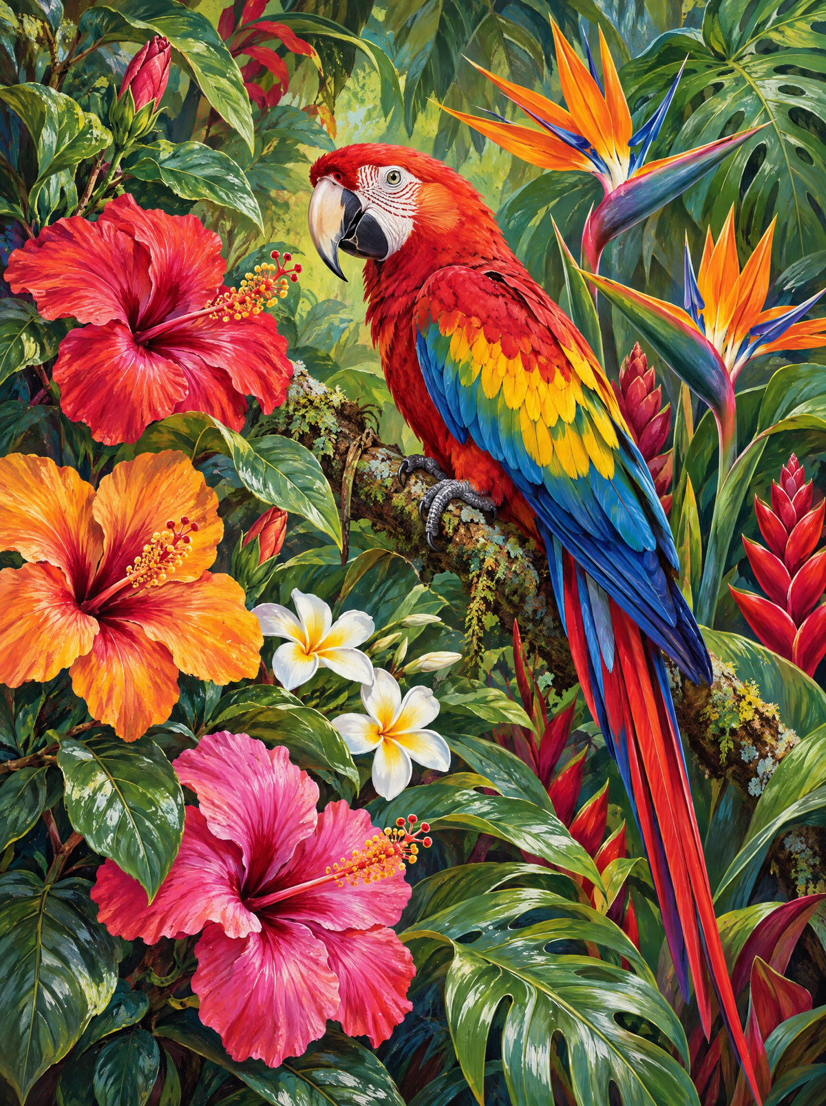 Scarlet Macaw Among Hibiscus