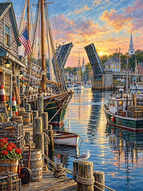 Schooner And Drawbridge At Dusk (150 Color Diamond Painting)