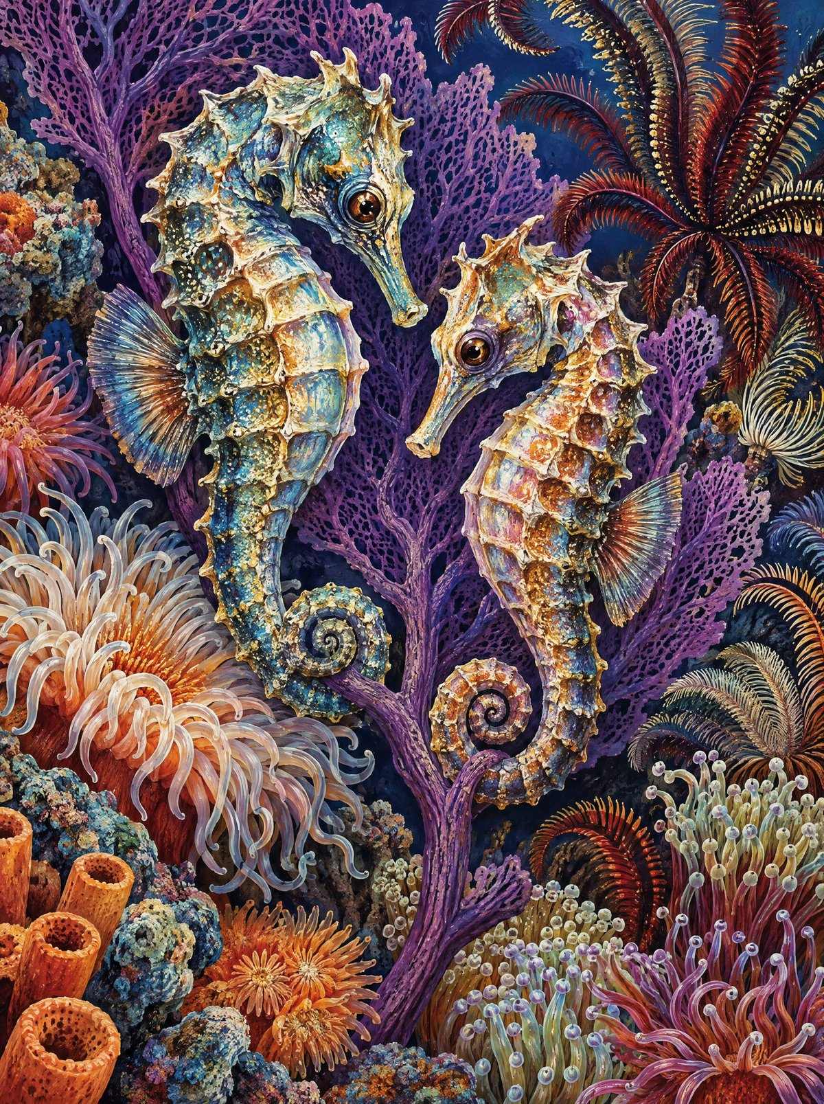 Seahorses On A Purple Fan