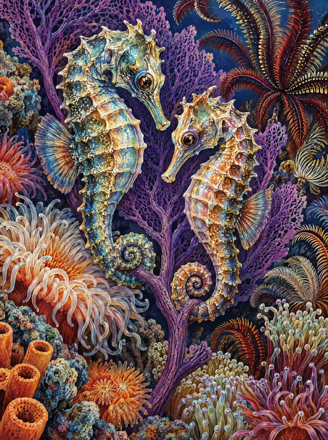 Seahorses On A Purple Fan (150 Color Diamond Painting)