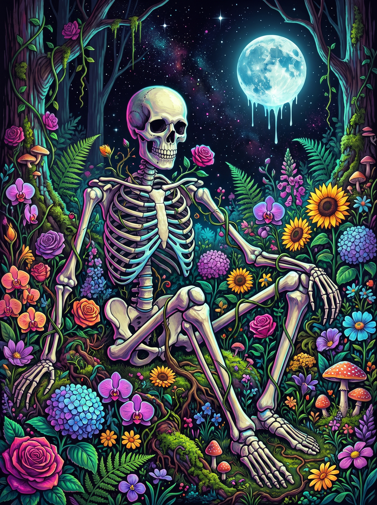 Skeleton In Moonlit Flowers