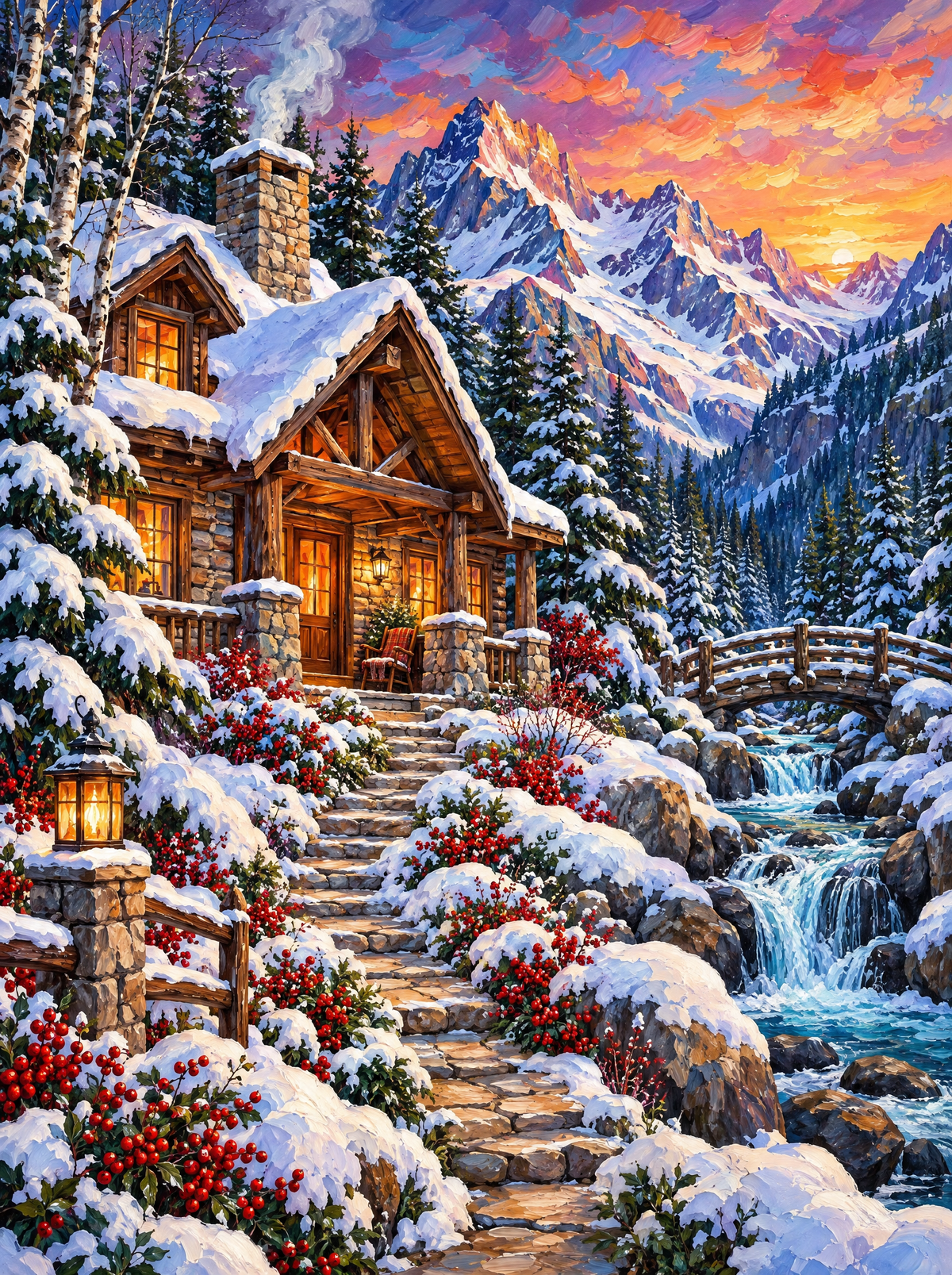 Snowy Mountain Cabin At Dusk