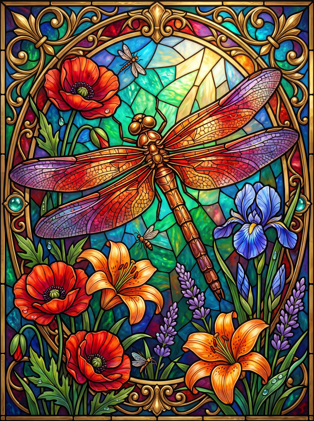 Stained Glass Dragonfly Poppies