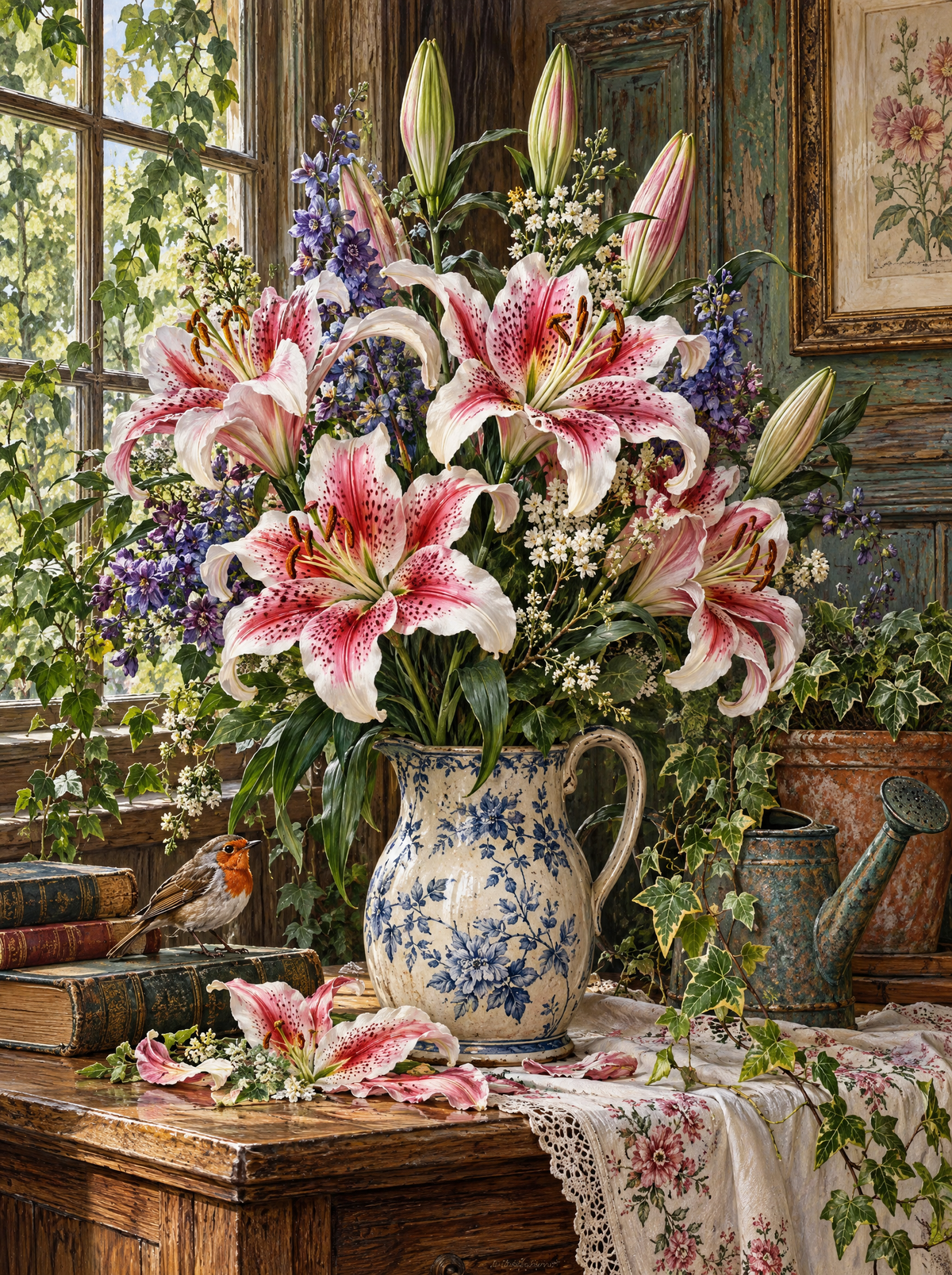 Stargazer Lilies And Robin