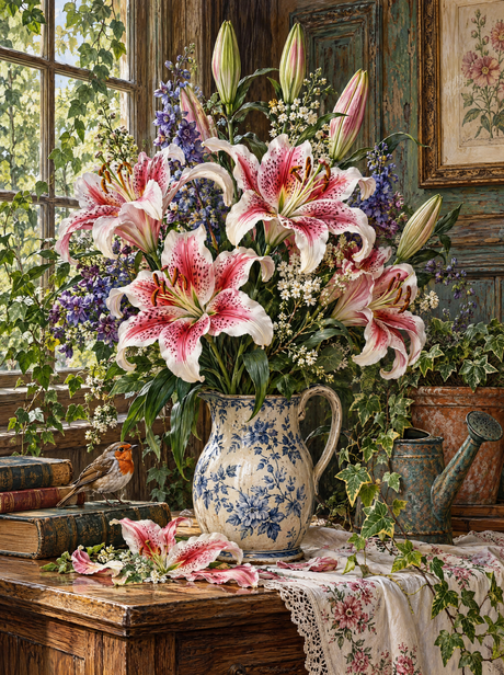 Stargazer Lilies And Robin (150 Color Diamond Painting)