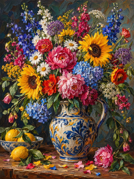 Summer Bouquet In Blue Jug (150 Color Diamond Painting)