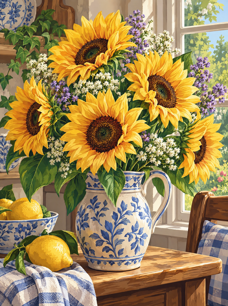 Sunflowers In A Blue Jug (150 Color Diamond Painting)