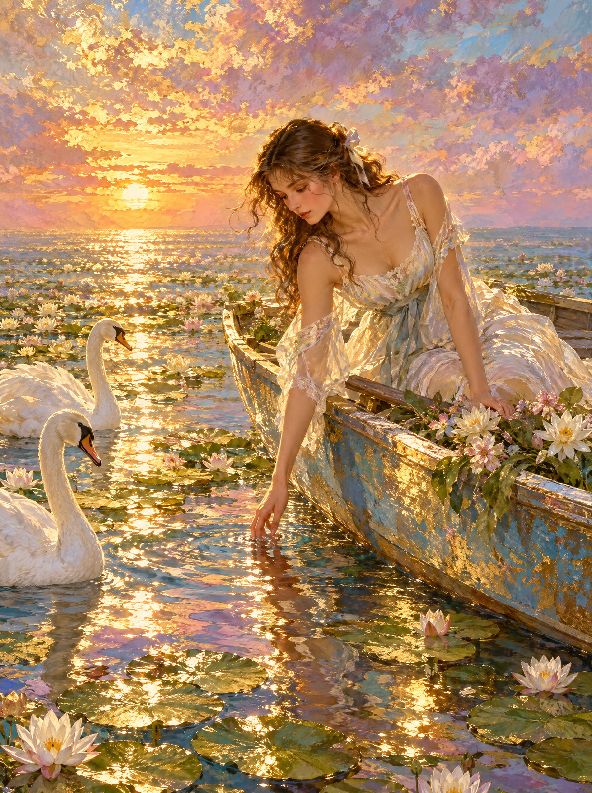 Swans Among The Water Lilies