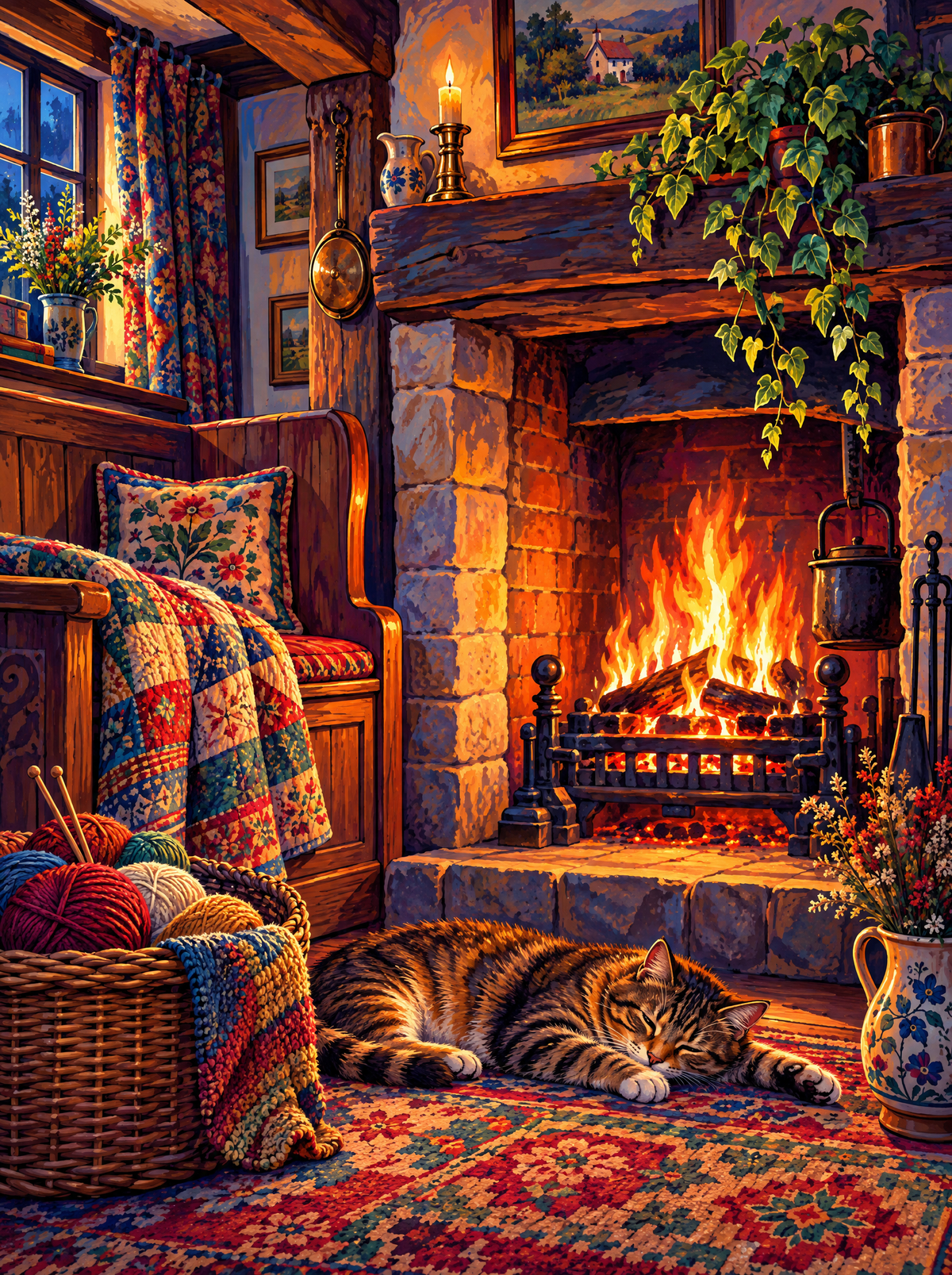 Tabby By The Hearth Fire