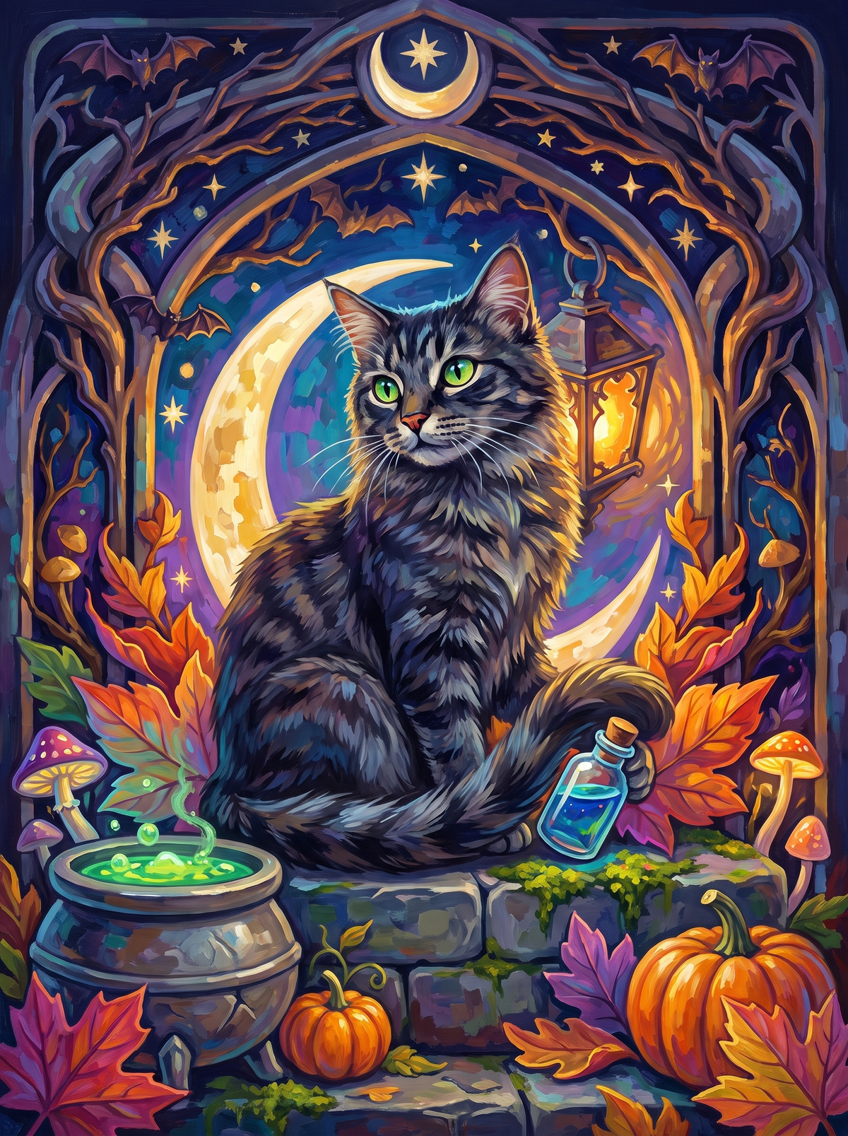 Tabby Cat With Pumpkins