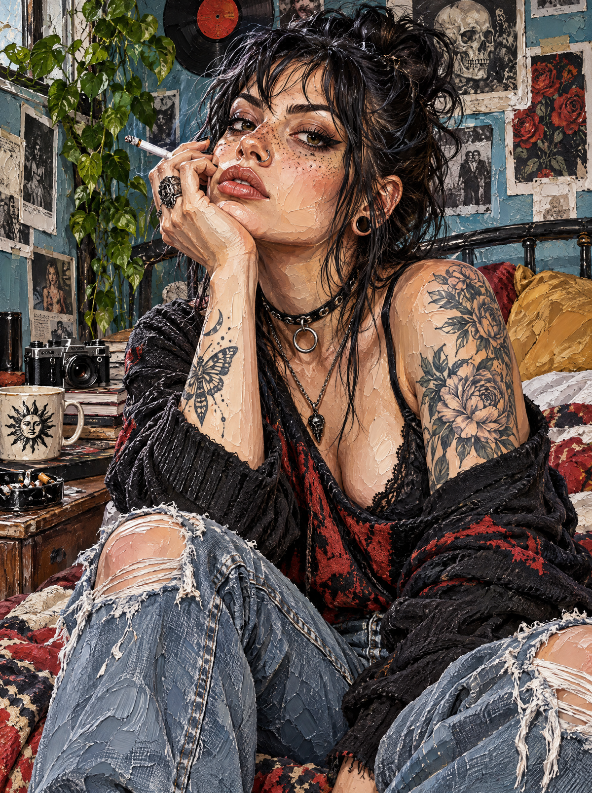 Tattooed Girl In Ripped Jeans