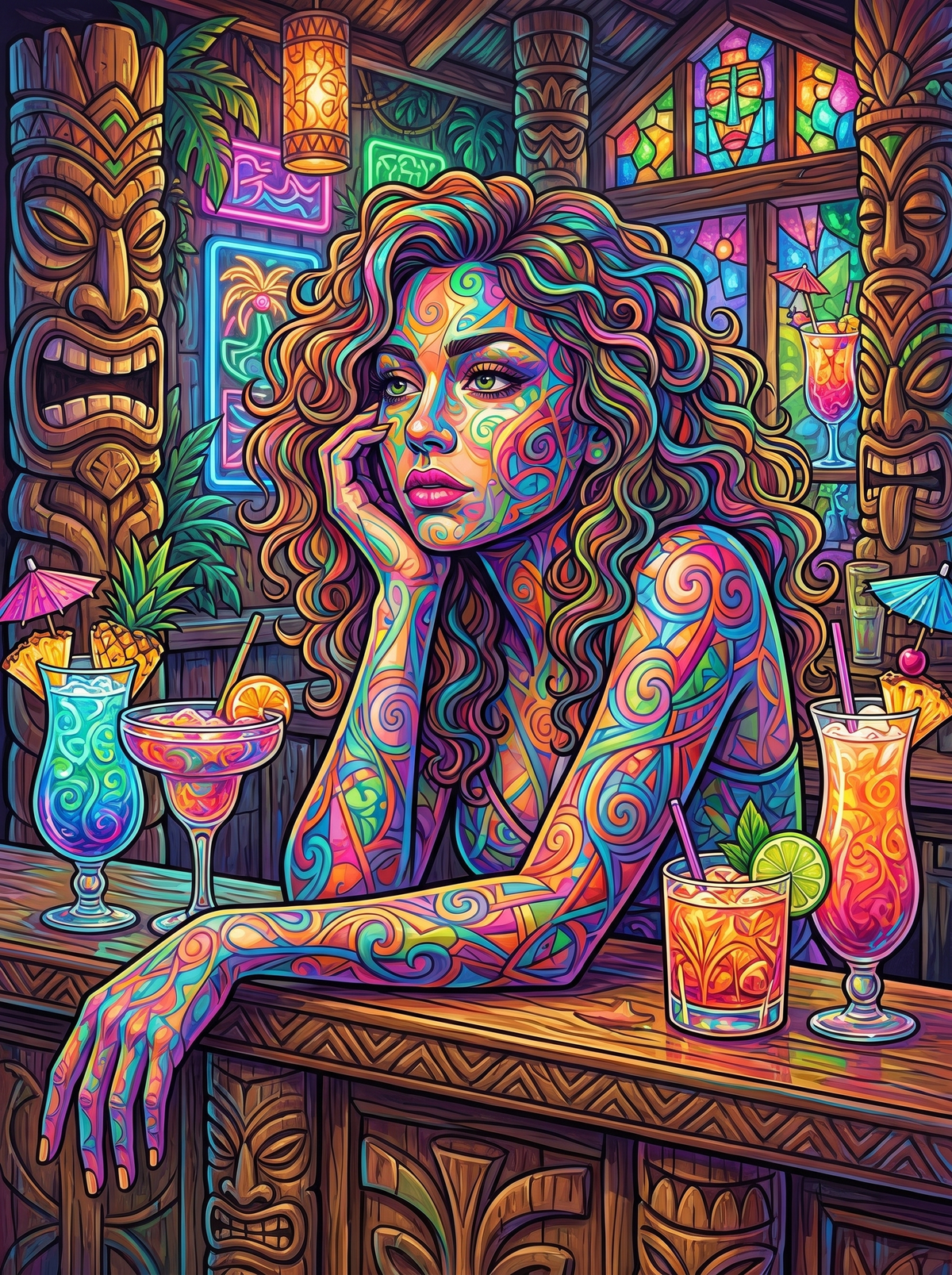 Tattooed Woman At Tiki Bar