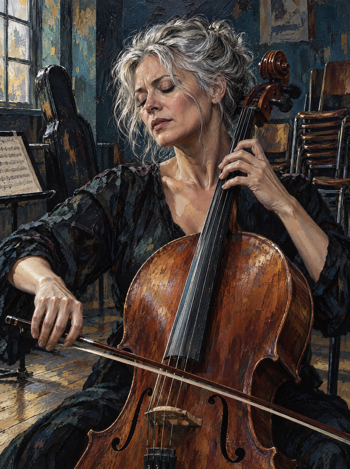 The Cellist Mid Phrase