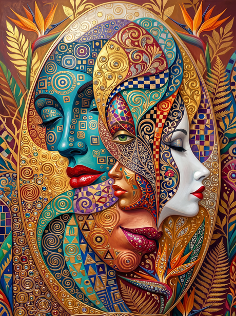 Three Faces In Gold Mosaic (150 Color Diamond Painting)