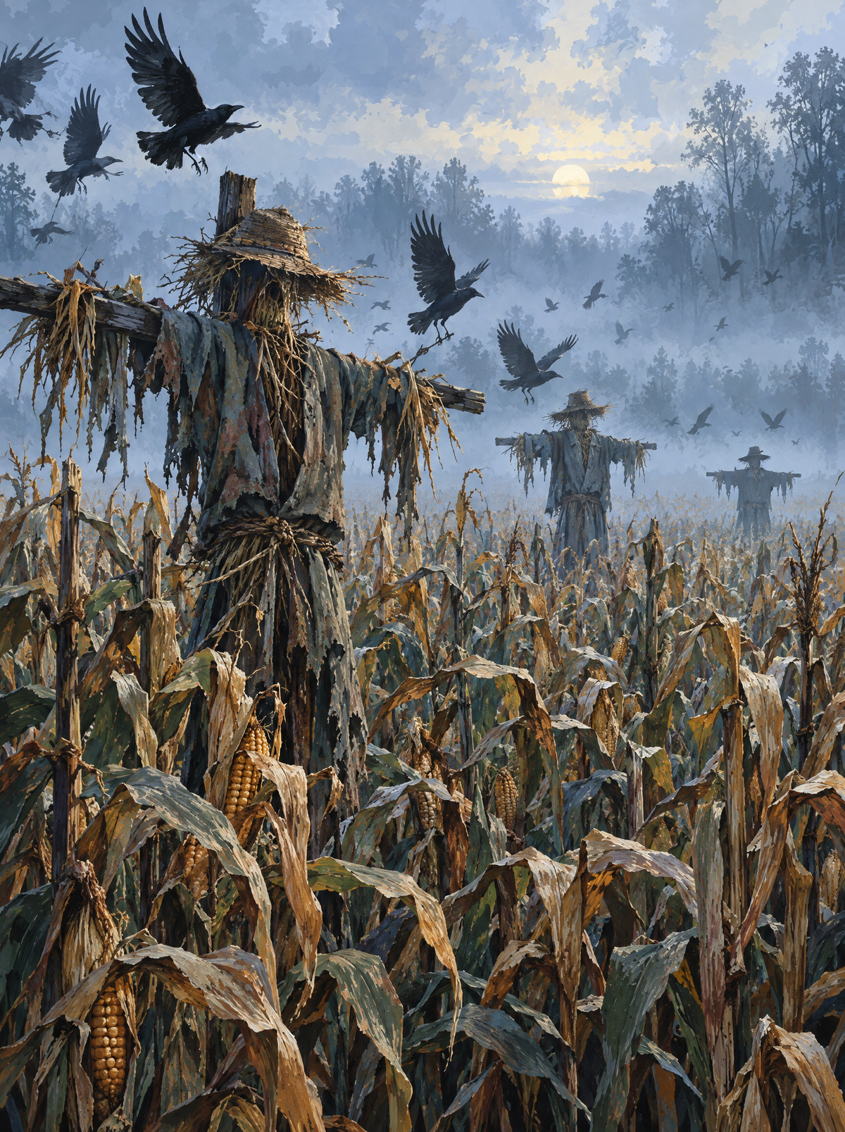 Three Scarecrows In Cold Fog