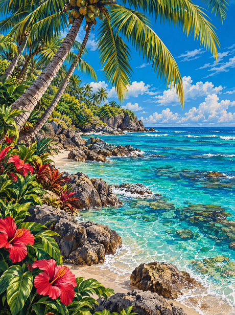 Turquoise Cove With Hibiscus (150 Color Diamond Painting)
