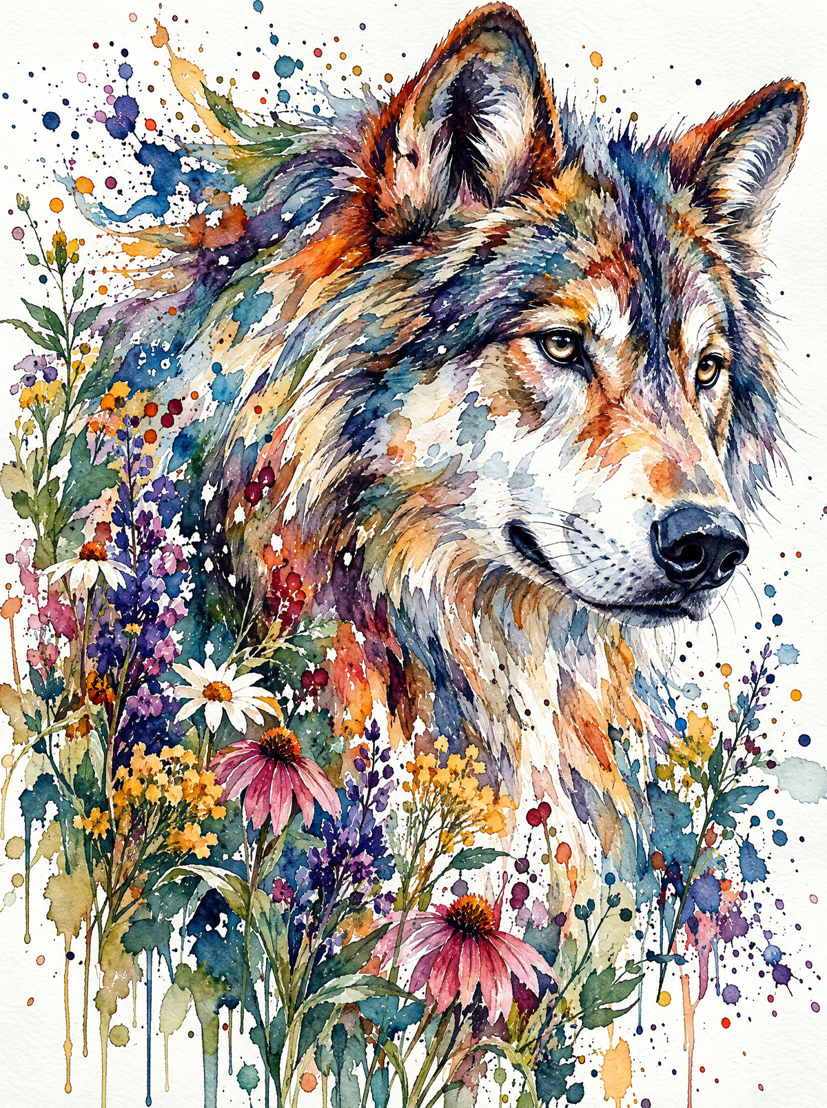 Watercolour Wolf In Wildflowers