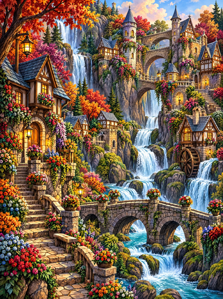 Waterfall Village In Autumn (150 Color Diamond Painting)