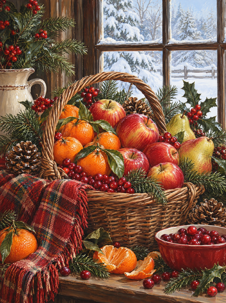 Winter Fruit Basket By Window (150 Color Diamond Painting)