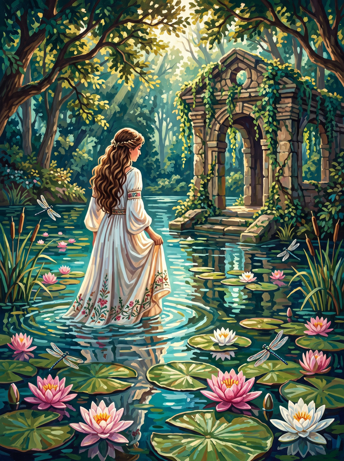 Woman Wading Among Water Lilies