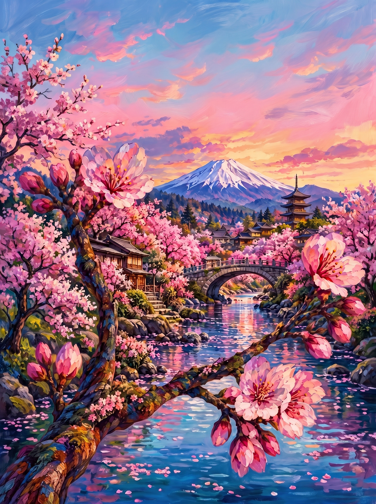 Blossom Branch Over Fuji River