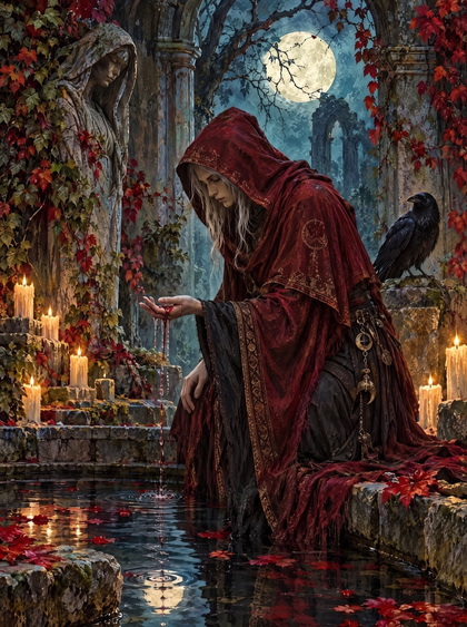 Crimson Cloak At The Candlelit Pool