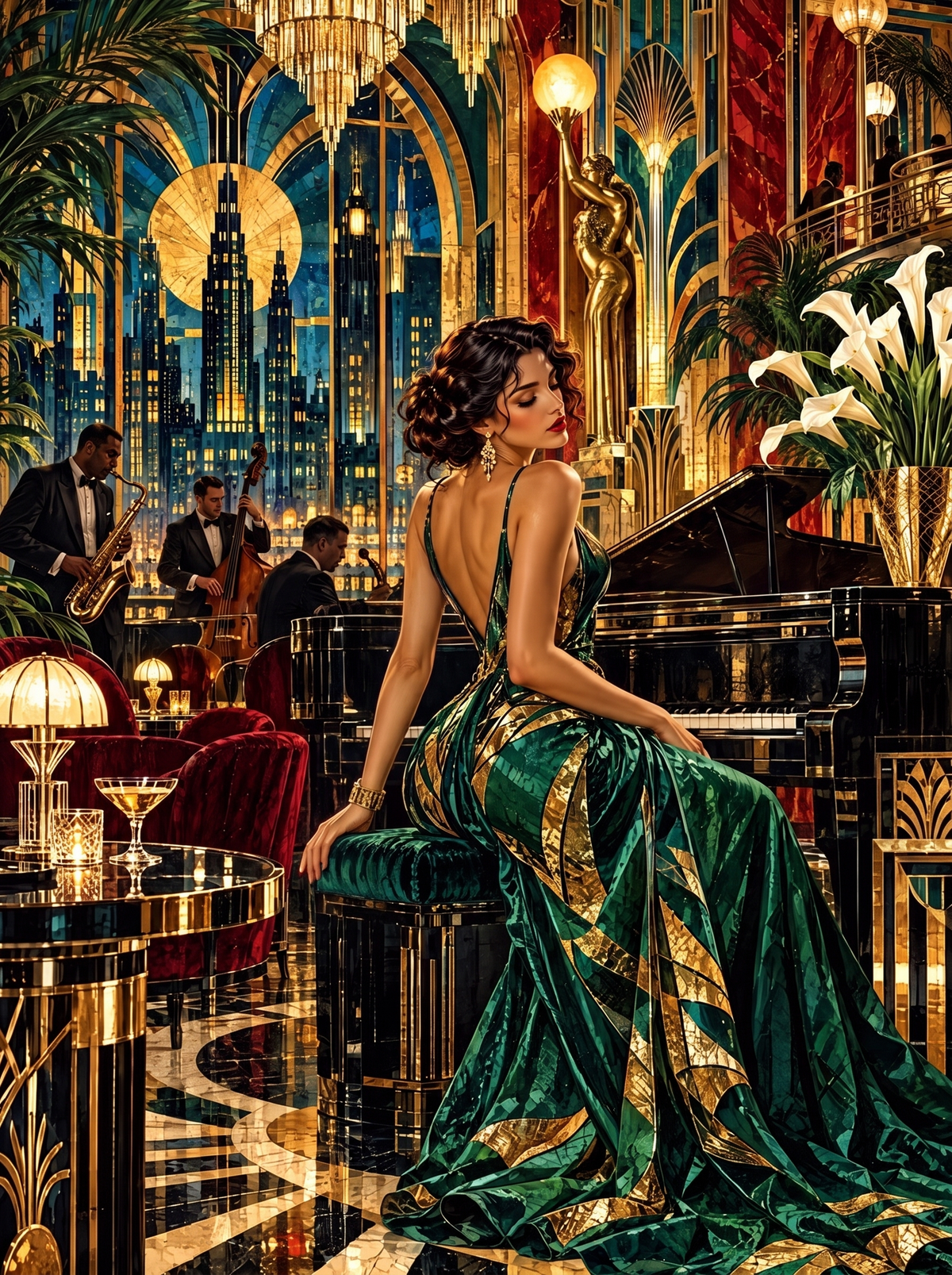 Emerald Gown At The Deco Piano