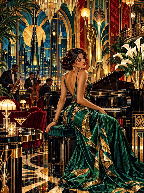 Emerald Gown At The Deco Piano