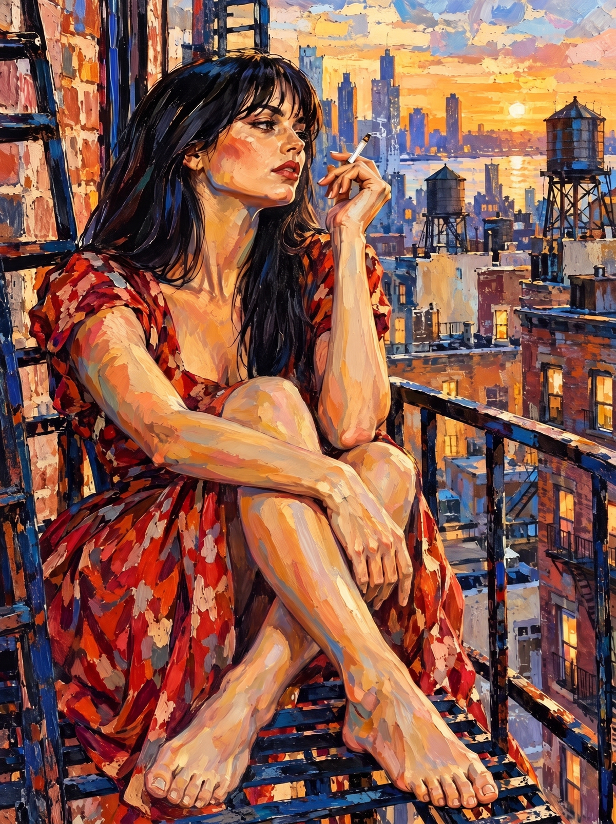 Fire Escape Cigarette At Sunset