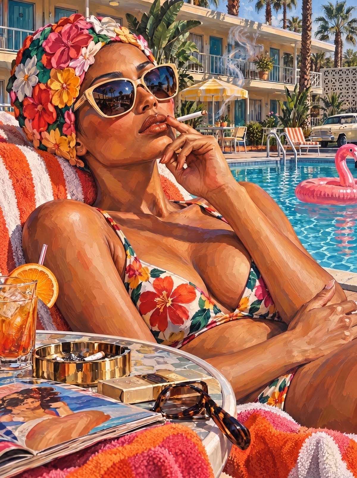 Flower Swim Cap At The Motel Pool