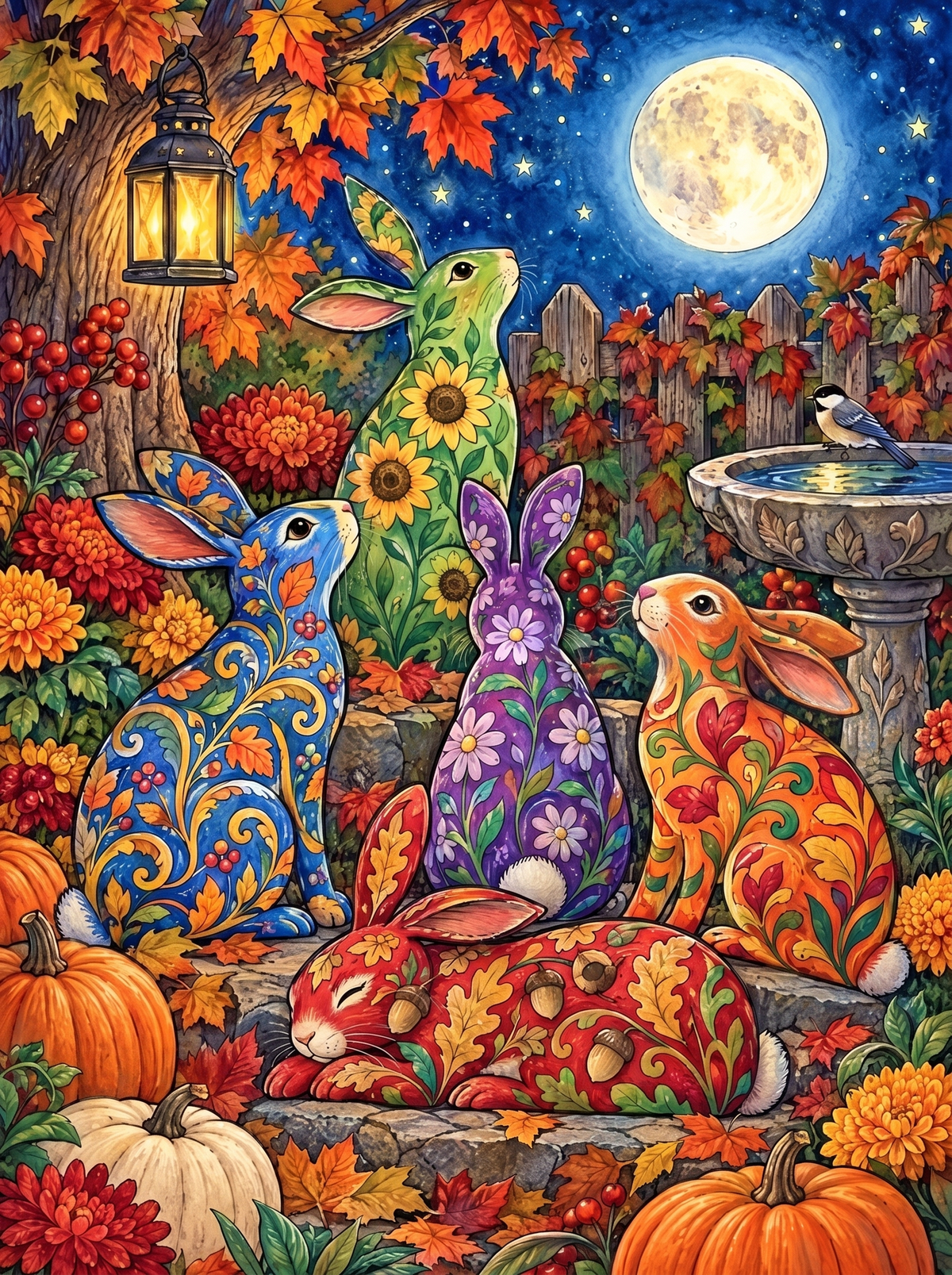 Folk Art Rabbits Under The Harvest Moon