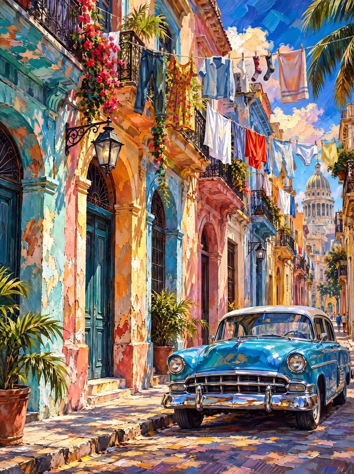 Havana Washing Lines And Blue Classic Car