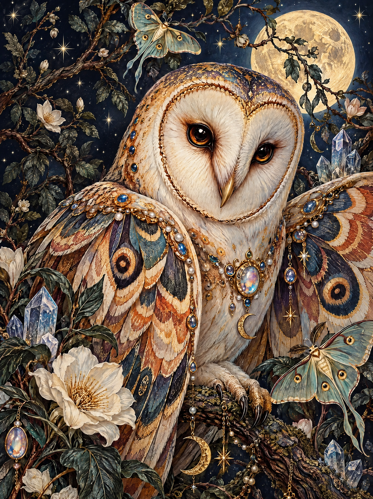 Jewelled Barn Owl And Luna Moths
