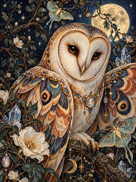 Jewelled Barn Owl And Luna Moths