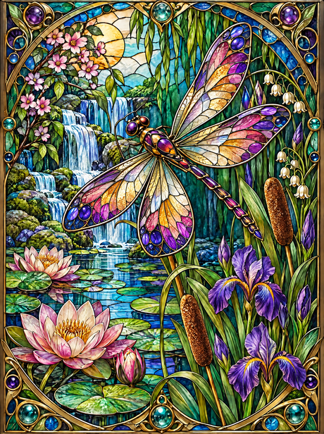 Jewelled Dragonfly And Irises