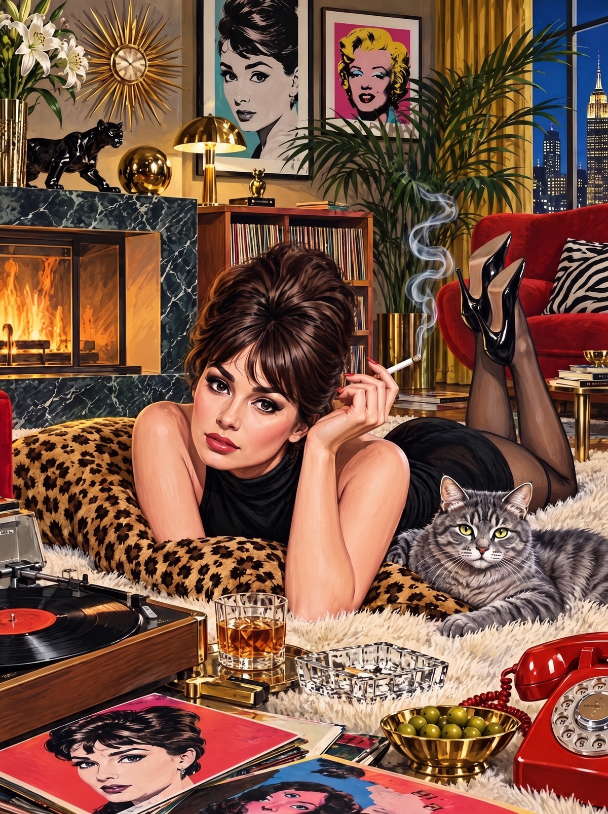 Leopard Cushion And Red Telephone