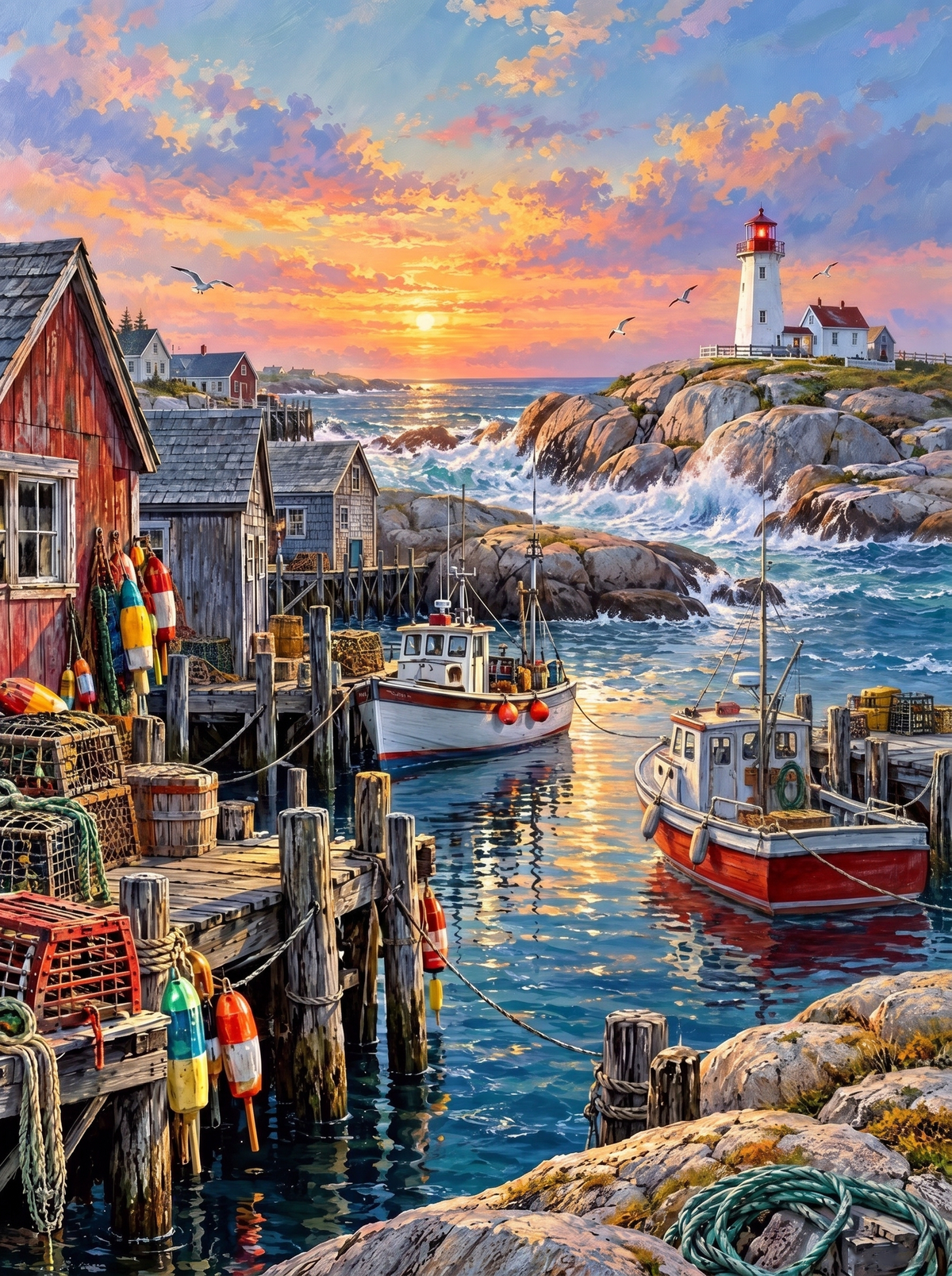 Lobster Traps And Harbour Lighthouse